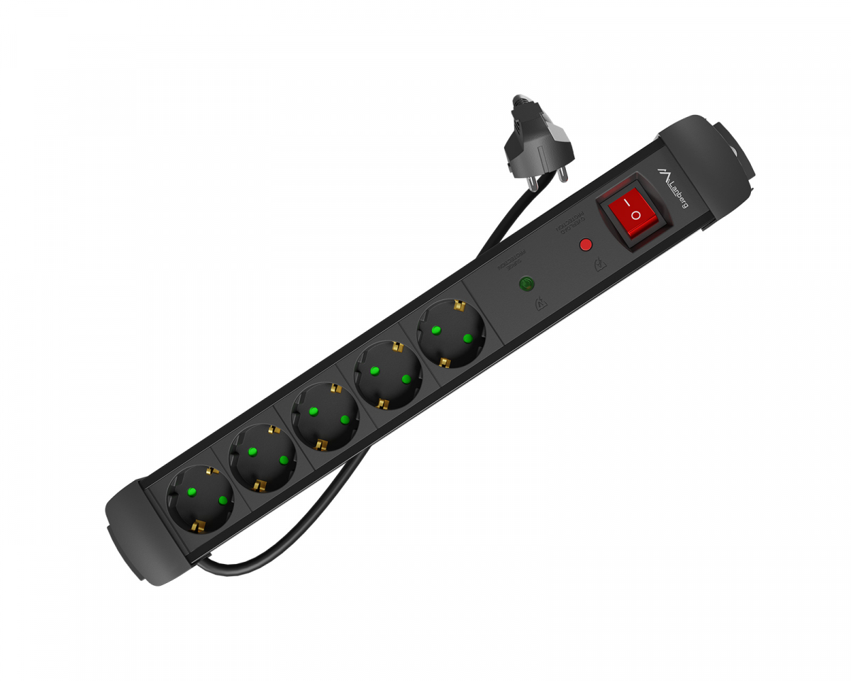 Lanberg Power Strip with Surge Protector, Jatkojohtoja 5-osainen - 1,5m - Must