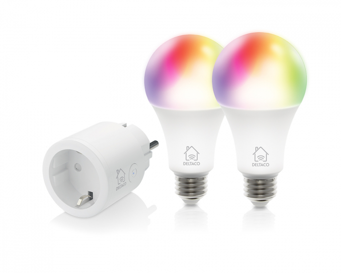 Deltaco Smart Home Starterkit, 2x RGB LED Älylamppu E27 + 1 Smart Plug