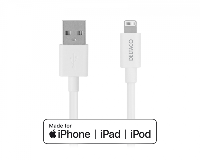 Deltaco USB-A > Lightning MFi - Charge/sync cable 0.5m - Valkoinen -kaapeli