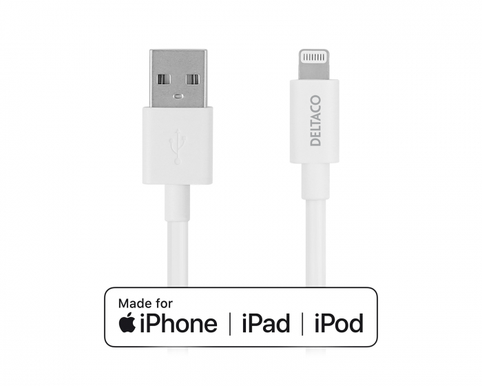 Deltaco USB-A > Lightning MFi - Charge/sync cable 2m - Valkoinen -kaapeli
