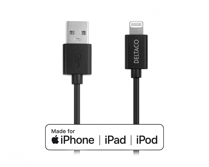 Deltaco USB-A > Lightning MFi - Charge/sync cable 2m - Musta -kaapeli
