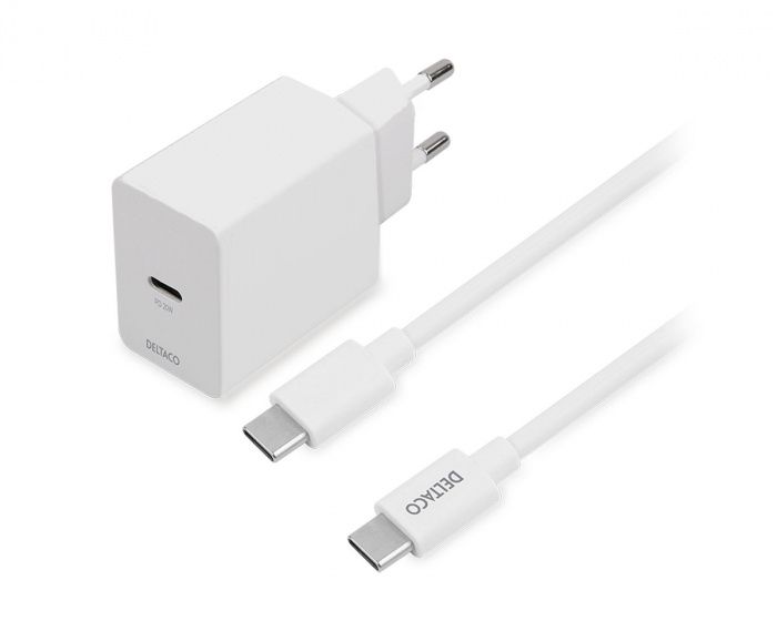 Deltaco USB-C PD Wall Charger 20 W incl USB-C Cable - Valkoinen Verkkovirtalaturit