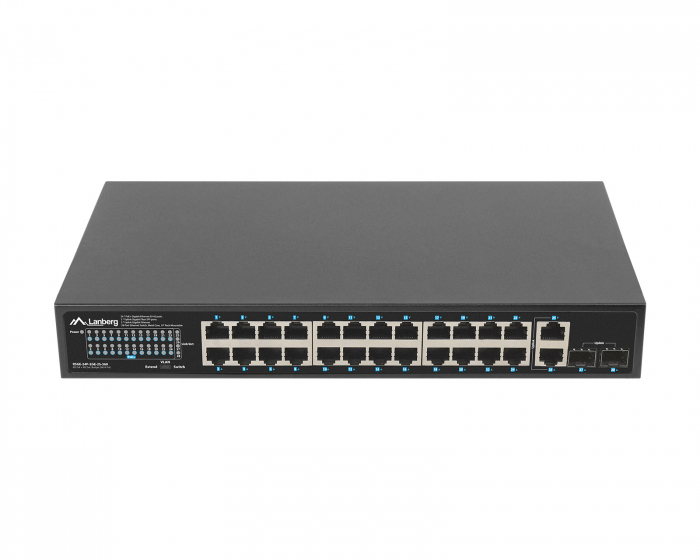 Lanberg 24-porttinen Kytkin, 1GB POE+/2X GB 2X SFP RACK 19” Gigabit Ethernet 360W