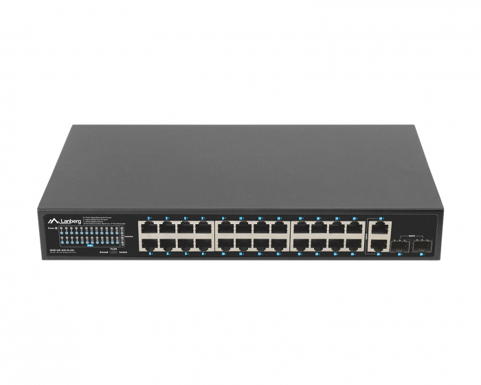 Lanberg 24-porttinen Kytkin, 1GB POE+/2X GB 2X SFP RACK 19” Gigabit Ethernet 250W