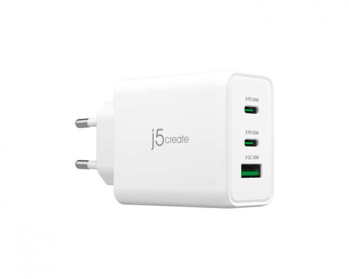 j5create Wall Charger GaN, 65 W, 2x USB-C, 1x USB-A, 3-Port Charger - Verkkovirtalaturit