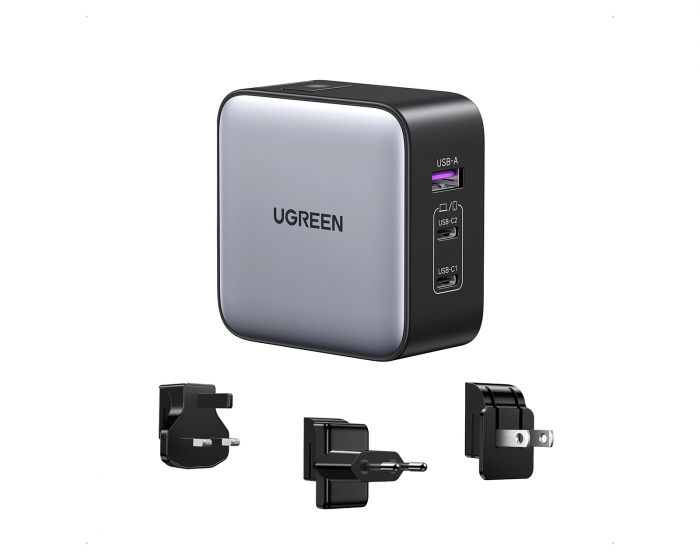 UGREEN Nexode 65W 3-Port GaN Wall Charger with Travel Adapter (US/UK/EU) - Verkkovirtalaturit maadoitettu