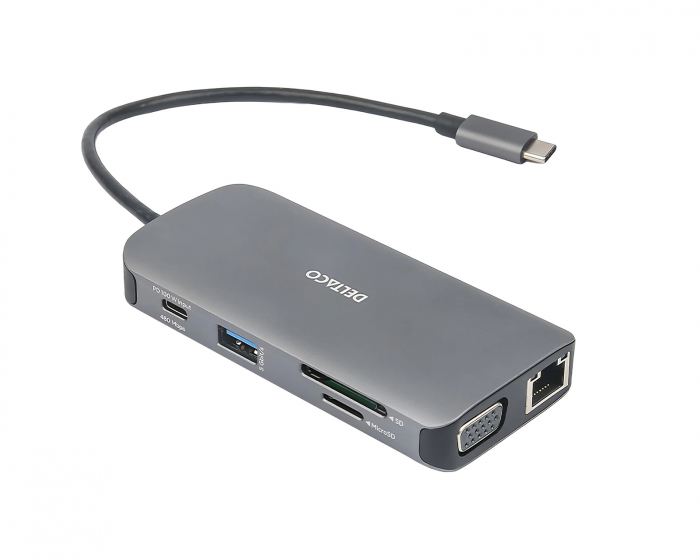 Deltaco USB-C Telakointiasema 9 Portilla - Harmaa