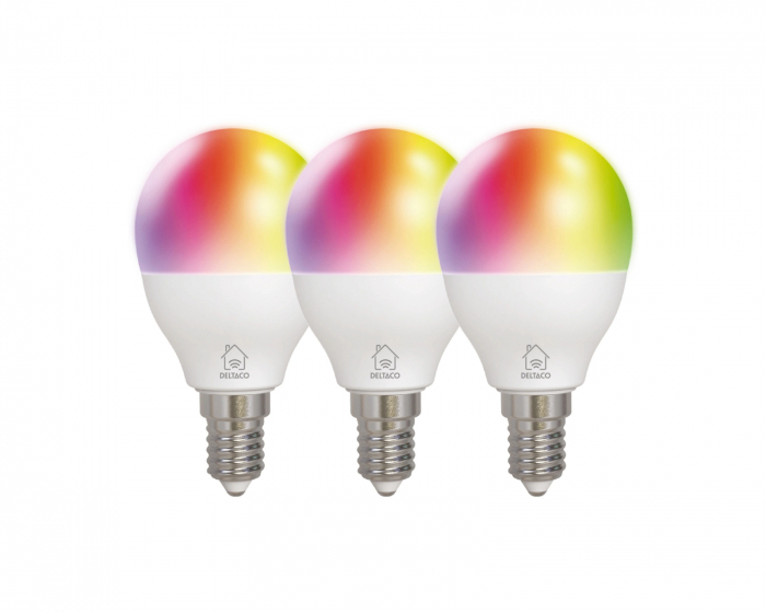 Deltaco Smart Home RGB-lamput, E14, G45, 5W, minipallo, 3 kpl pakkaus