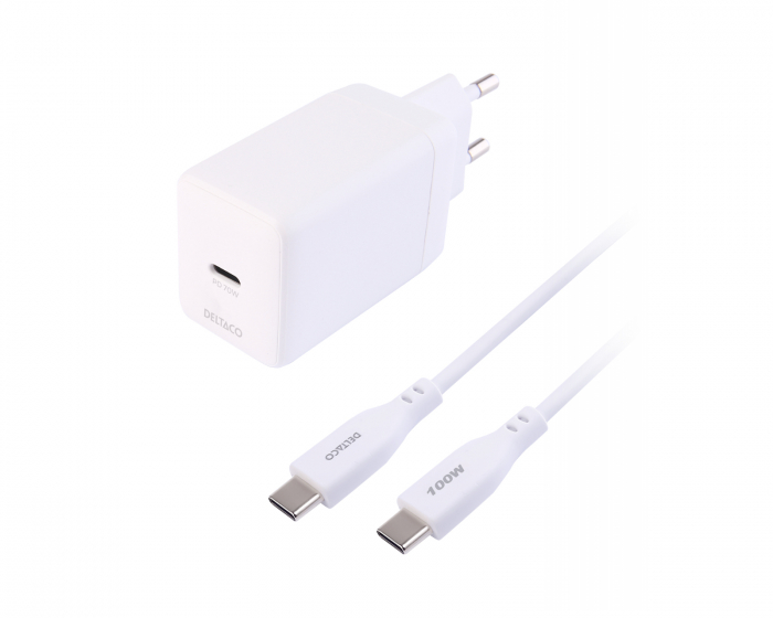 Deltaco USB-C GaN -seinälaturi 70 W - 1,8 m - valkoinen