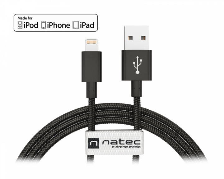 Natec Lightning kaapeli MFi Nylon - Lightning -> USB (1.5 m) Musta