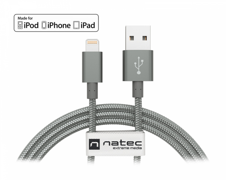 Natec Lightning kaapeli MFi Nylon - Lightning -> USB (1.5 m) Harmaa