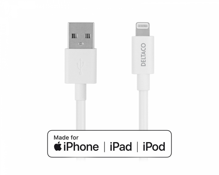 Deltaco USB-A > Lightning MFi - Charge/sync cable 2m - Valkoinen -kaapeli