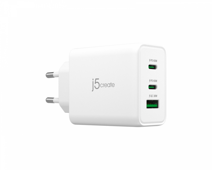 j5create Wall Charger GaN, 65 W, 2x USB-C, 1x USB-A, 3-Port Charger - Verkkovirtalaturit